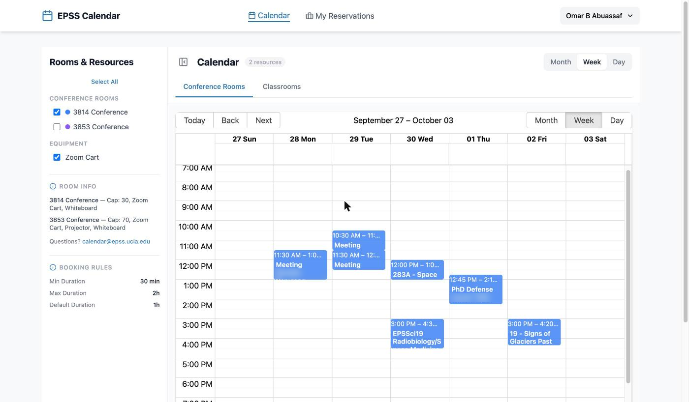 Calendar week view with Rooms and Resources on the left