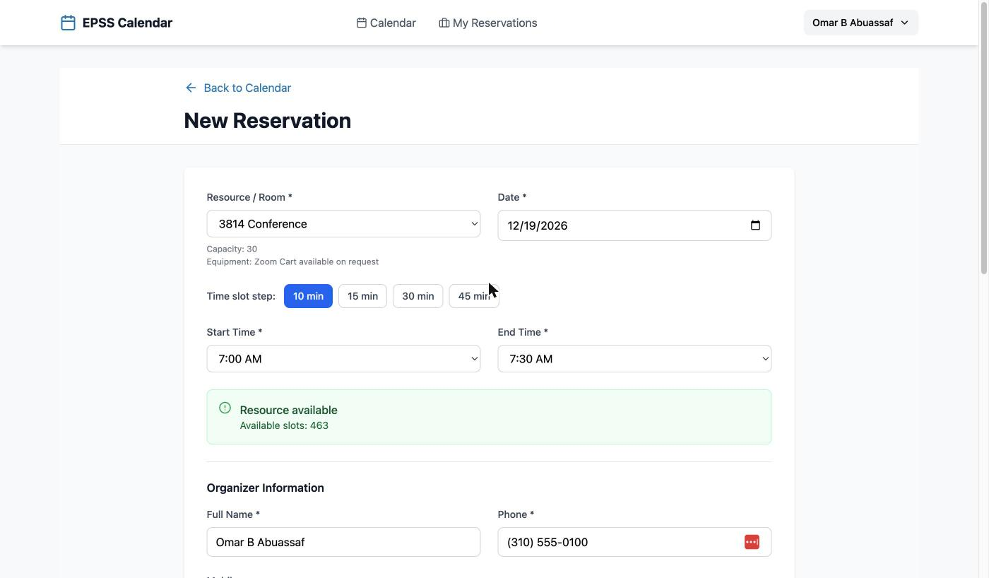 New Reservation form with room, date, and times filled in