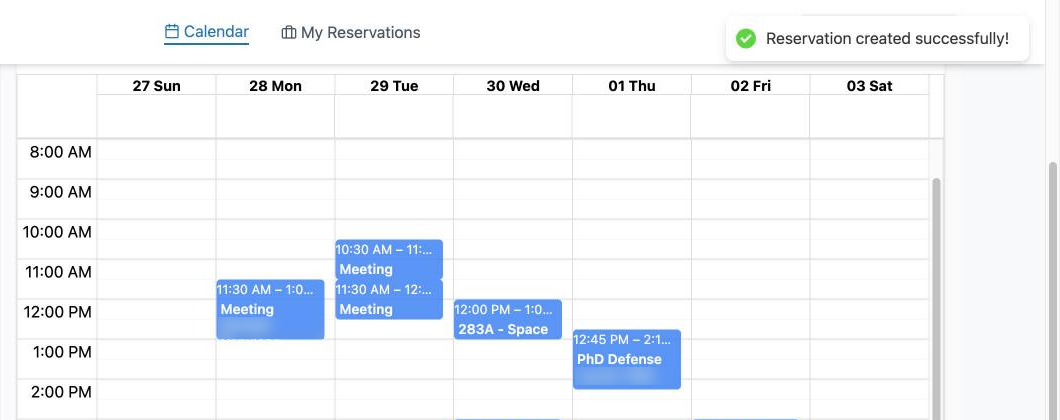 Green message: Reservation created successfully