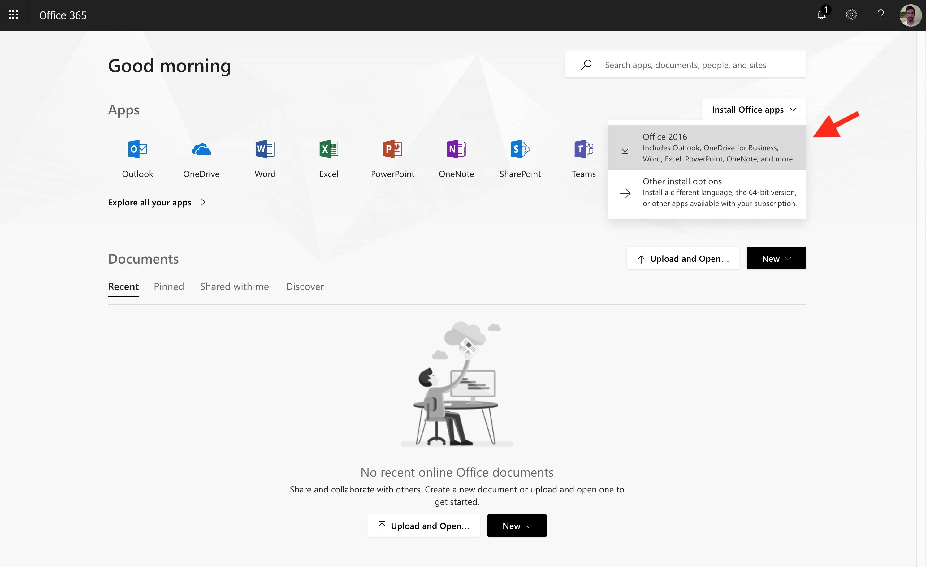 Install Office Apps dropdown