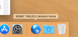 Blue globe icon in the Dock — Bobby Tables network home